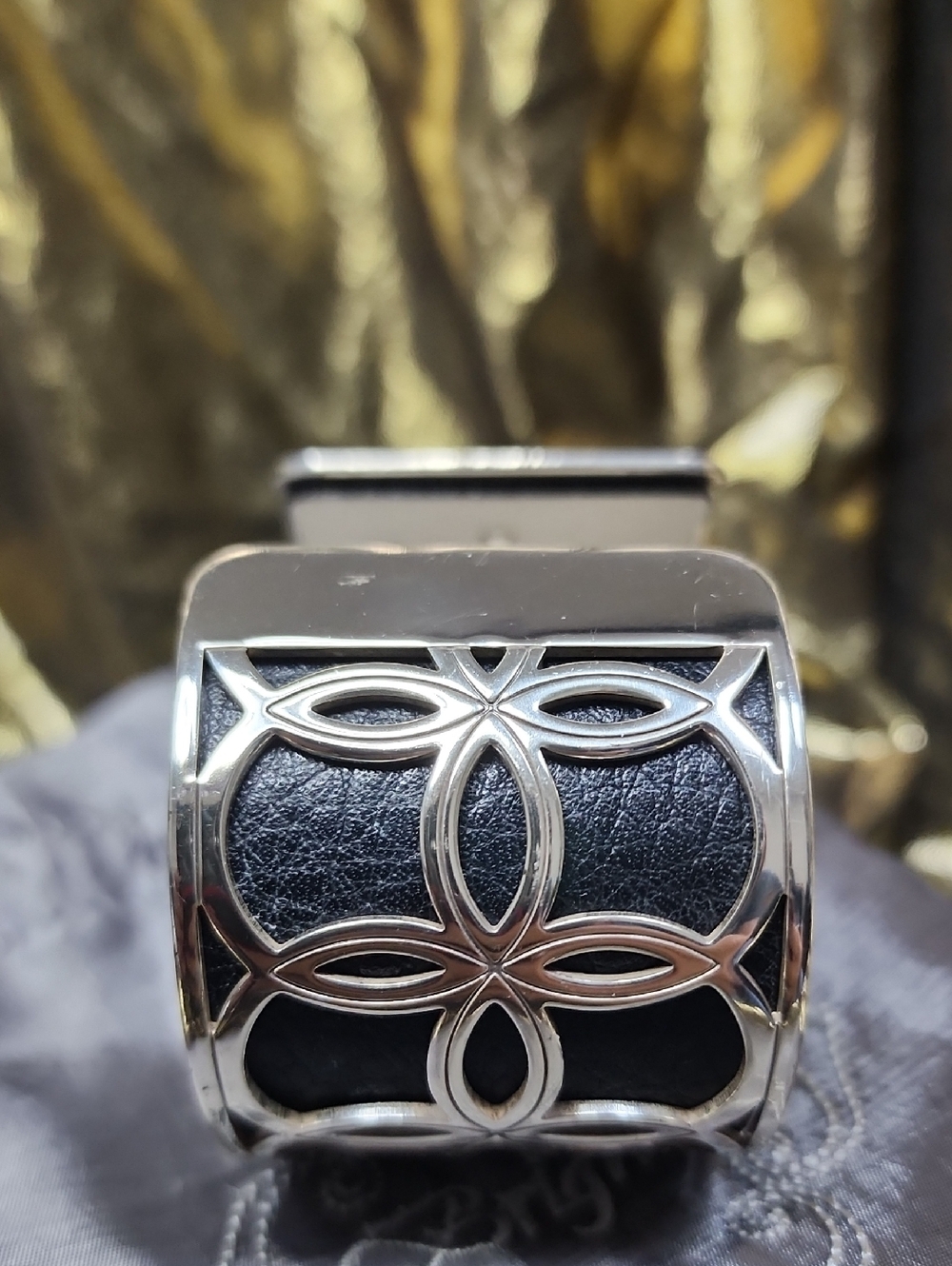 Brighton Silver-Tone Black Leather Floral Cuff Bracelet With Gray Brighton Bag - Picture 8 of 11